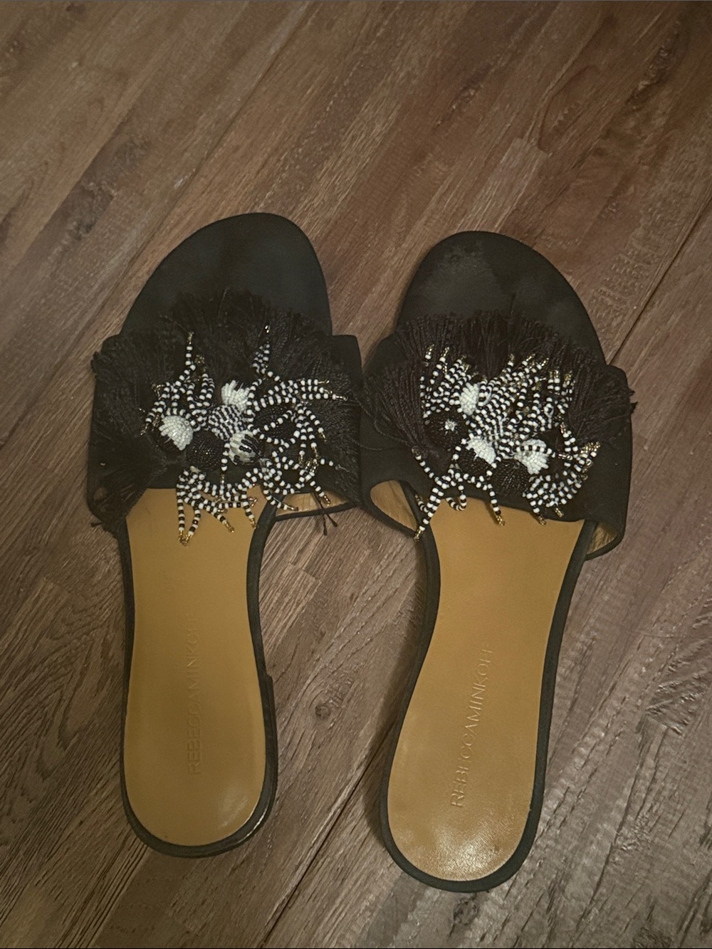 Rebecca Minkoff Black Slide Sandals with White Beaded Floral Accents